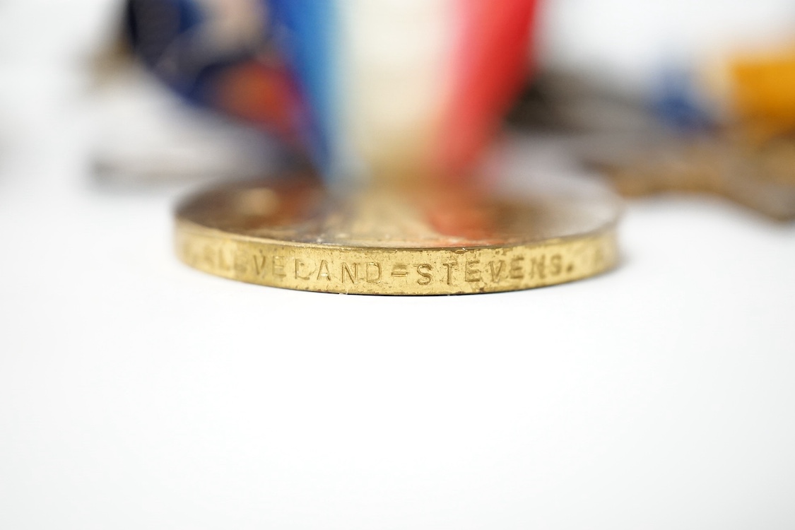 A First World War medal trio awarded to Lieut. W. Cleveland-Stevens. R.N.V.R., together with a miniature on ivory of a 19th century Captain with description to reverse, a signed military coloured engraving, a paper knife